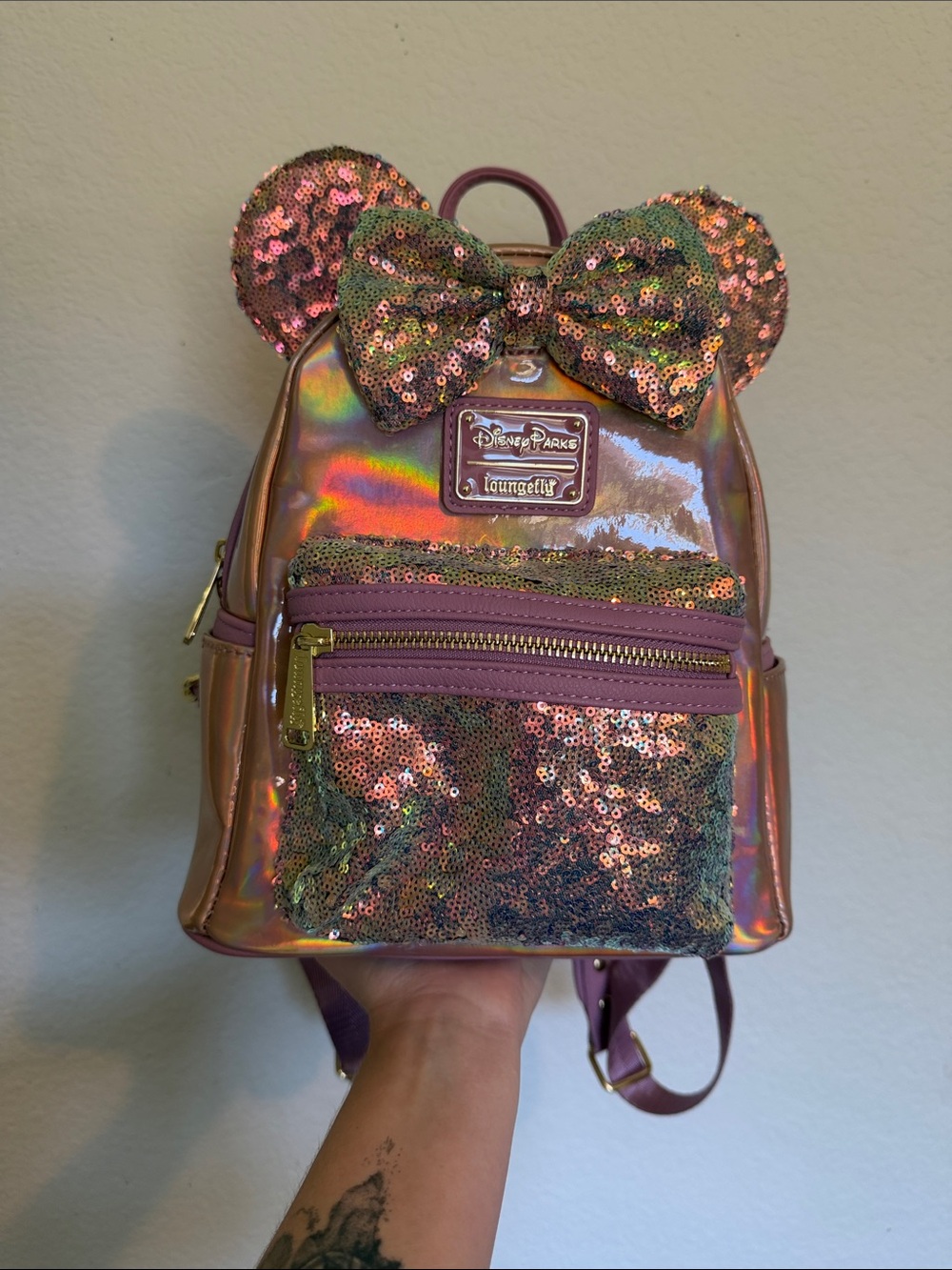 Loungefly Iridescent Rose Gold Sequin Minnie Ear Mini Backpack